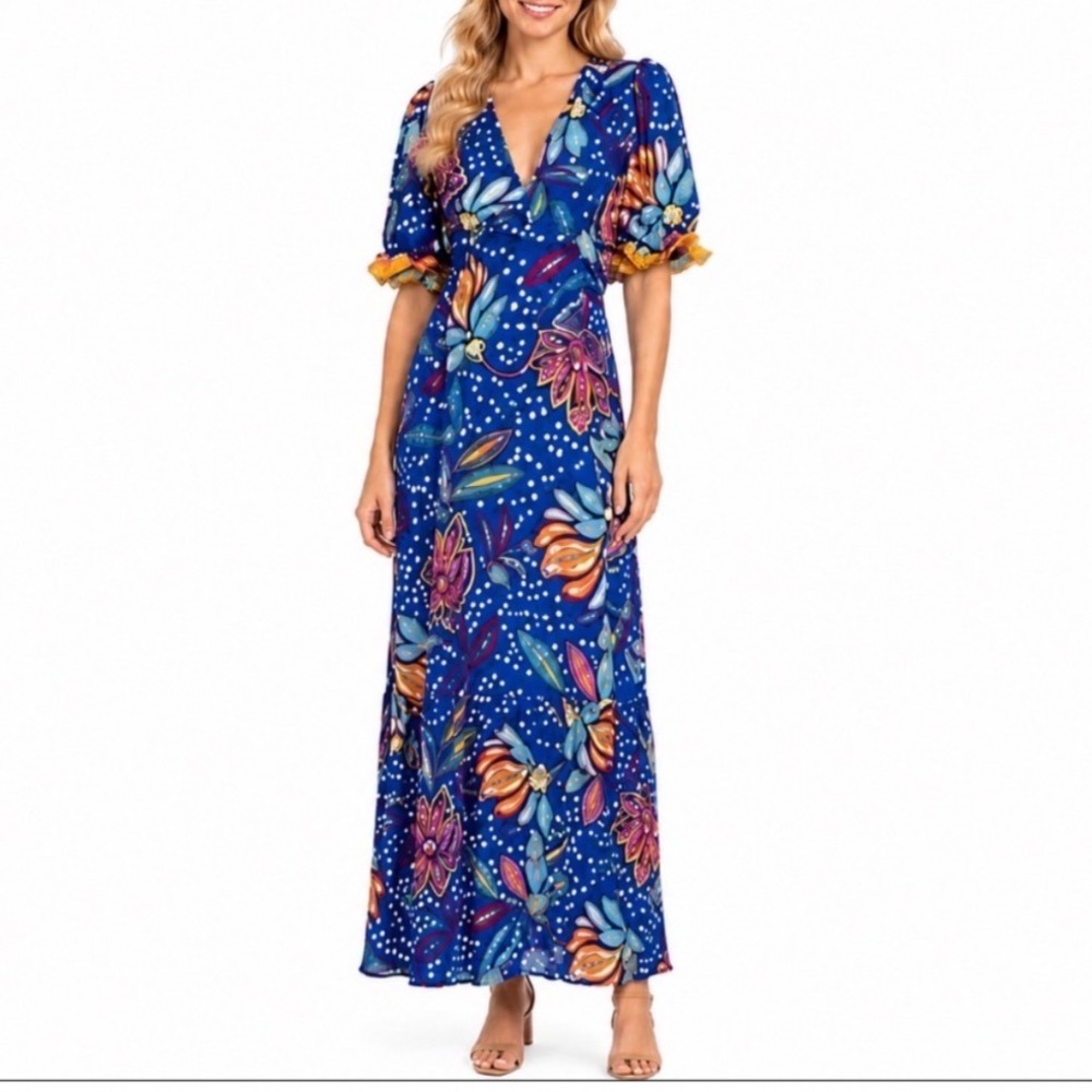 Tabitha Brown Blue Floral Maxi Dress Size 8 Puff Sleeve Boho Resort